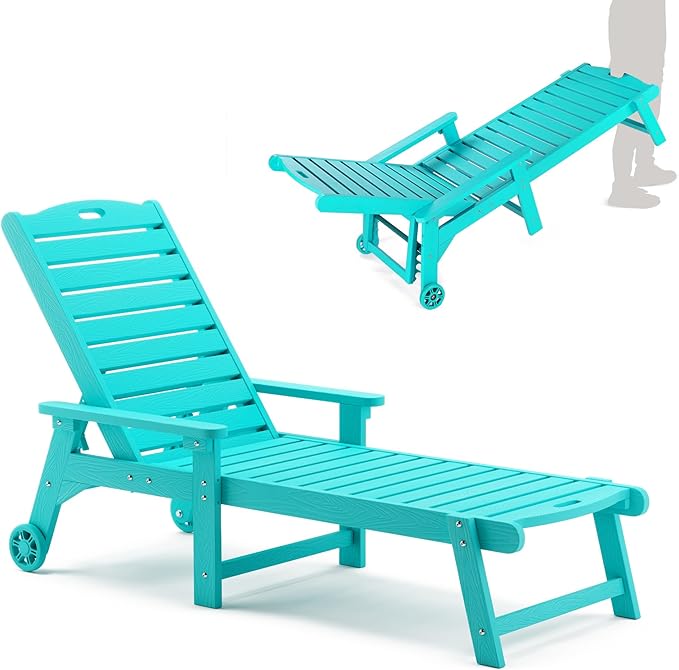 LUE BONA Outdoor Chaise Lounge, 79'' Oversized HDPS Chaise Lounger, 5 Positions Adjustable Lounge Chairs, Pool Lounge Chair with Wheels for Poolside, Backyard, 3 Year Warranty, Aruba Blue