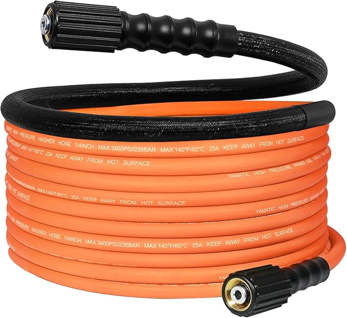 YAMATIC Upgraded Pressure Washer Hose 25 FT 3400 PSI, 1/4" Wear & Kink Resistant Power Washer Hose with Heat Protect Sleeve, Durable Replacement Hose for Uberflex Flexzilla Ryobi