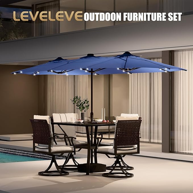 LEVELEVE 15FT Large Patio Patio Umbrella with Base & Solar LED Lights - Double-Sided,Blue