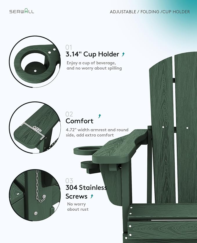 SERWALL Folding Adirondack Chair Set of 6, Reclining Adirondack Chair with 3 Recline Positions, All Weather HDPE Outdoor Adirondack, Green