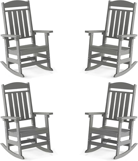 FOOWIN Outdoor Rocking Chair Set of 4, High Back Patio Rocking Chair, HDPE All Weather Resistant Porch Rocker for Adult, Oversized Rocking Chairs for Garden, Lawn, Indoor & Outdoor Use, Grey