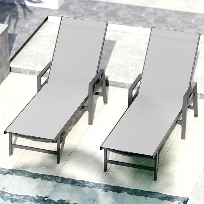 Aluminum Chaise Lounge Chair Outdoor (Set of 2) -Patio Lounge Chair with Wheels and 5-Position Adjustable Backrest and Outdoor Recliner Full Flat Tanning Chair for Beach,Patio,Lawn,Pool,White