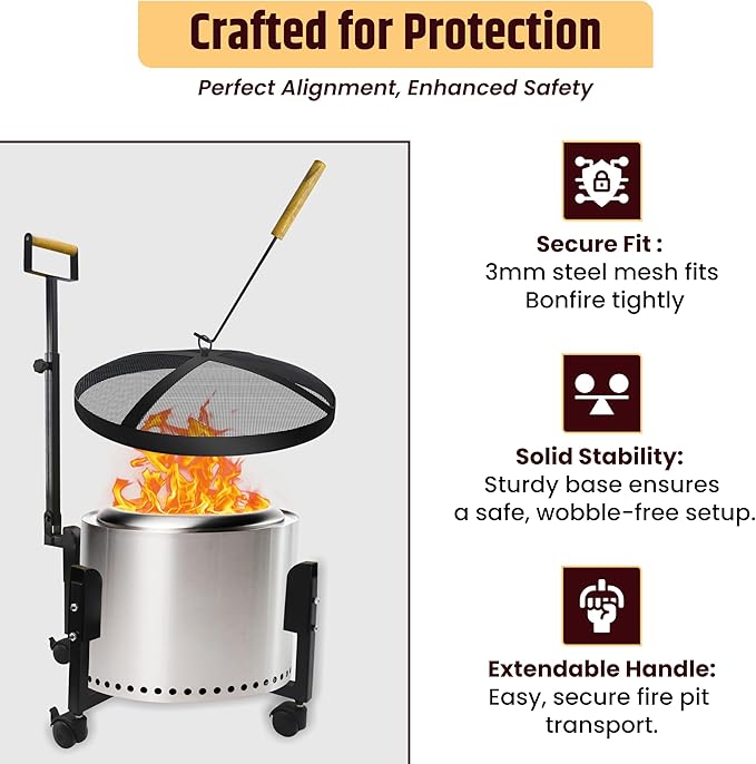 FEBTECH - 2 in 1 Smokeless Firepit Accessory Combo - 18" Spark Screen, 22" Rolling Trolley Stand for 19.5" Fire Pits - Smokeless Firepit Accessories for Camping, Patio, Backyard
