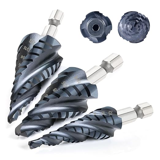 Four Spiral Flute Cobalt Step Drill Bit, 3pcs(1/4"-7/8") M35 Cobalt Step Drill Bit Wear-Resistant AlTiN Coated, 1/4" Hex Shank Hole Drill in Stainless Steel, Copper, Aluminum, Wood, Plastic