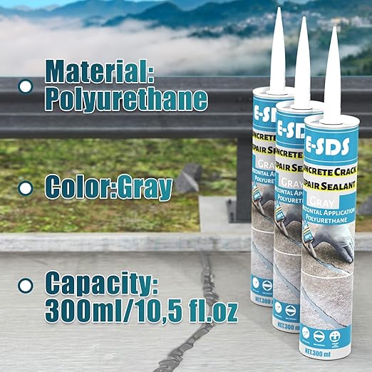 E-SDS Concrete Crack Filler and Sealant Self-Leveling, Polyurethane Adhesive Sealant Construction Crack Flexible Sealer Sealing Horizontal Cracks, Gray 10.5 fl. oz (3 Pack)
