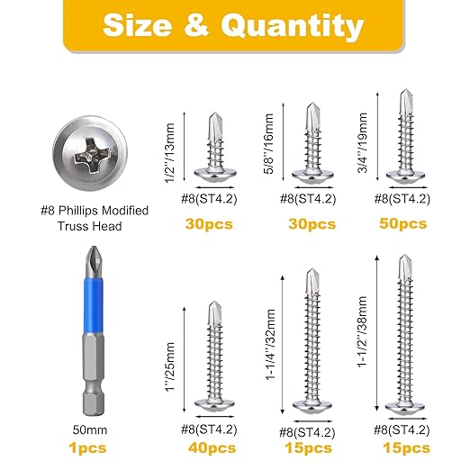 180 PCS #8 Self-Tapping Screws Assortment Kit with Driver,410 Stainless Steel Pan Head Self Drilling Screws in 6 Sizes(1/2", 5/8", 3/4", 1", 1-1/4", 1-1/2") (Pan Head #8 kit Silver)