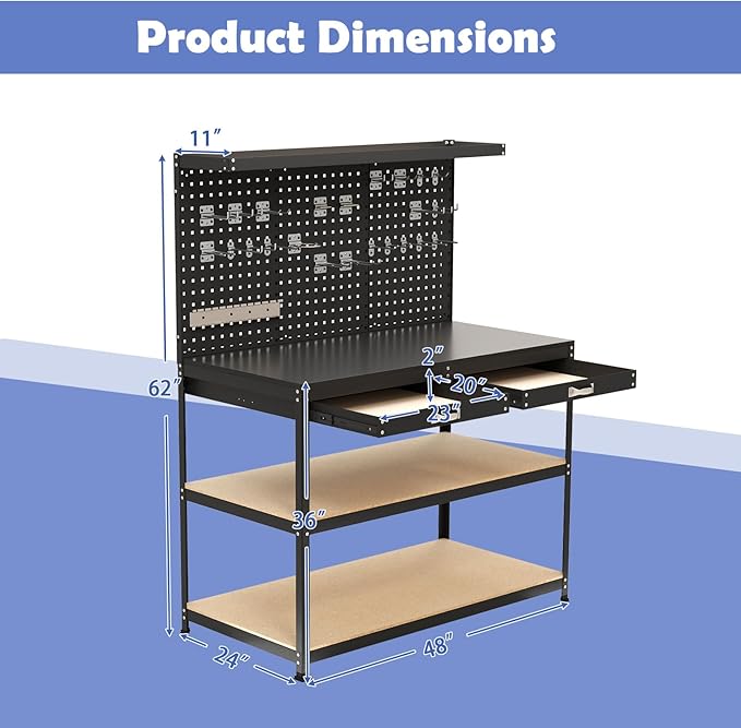 Goplus Workbench with Drawers, 48" x 24" Work Table with Pegboard, Storage, 4 Shelves, 24 Hanging Accessories, 506 LBS Capacity, Heavy-Duty Metal Tool Work Bench for Garage, Workshop