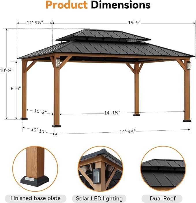 Modern Shade The Horizon Hardtop Gazebo 12' x 16' with 4 LED Lights, Permanent Outdoor Gazebo with Galvanized Steel Double Roof, Grill Pavilion with Decor Hooks, Mosquito Nettings, Wood Grain