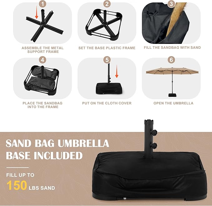 Sundale Outdoor Solar 144 LED 15 ft Patio Umbrella with Sandbag Base Included and Cover, Outdoor Double-Sided Umbrella