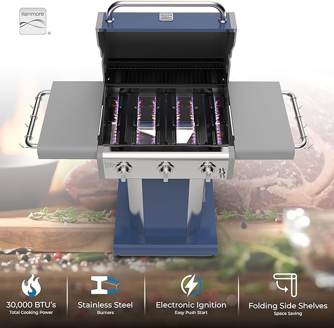 Kenmore 3-Burner Propane BBQ Grill, 30,000 BTUs Gas Grill with Cast Iron Cooking Grates, Folding Side Tables & Wheels, Outdoor Grill with Tool Hooks, Azure Blue + Bonus Cover