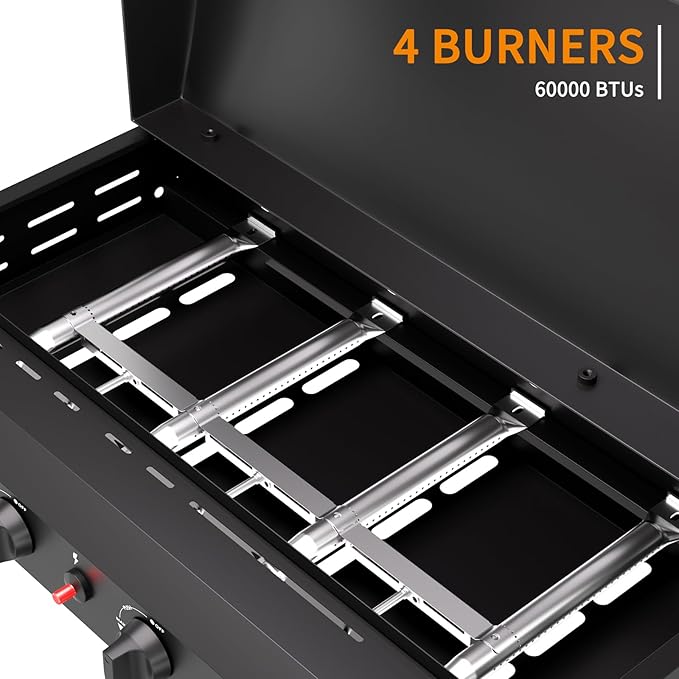 4 Burner BBQ Gas Griddle with Hood, 30 Inch Stainless Steel Portable Detachable Propane Griddle, 60,000 BTU Flat Top Grill with Side Shelves for Camping, Silver