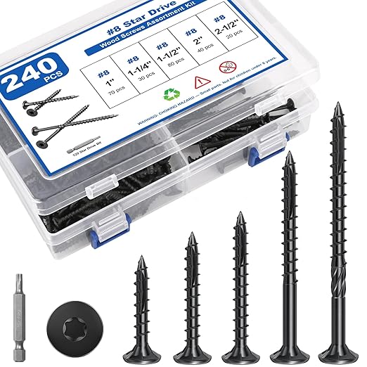 240Pcs Deck Screws, #8 Wood Screws Assortment Kit, 5Sizes Assorted Screw Set, Rust Resistant Torx Screws with Flat Head, Black Screw Kit for Woodworking Projects, Star Bit Included