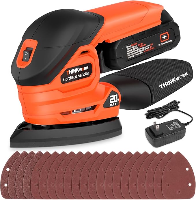 [Large 2.0Ah Battery] Cordless Detail Sander - 20V Electric Hand Sander for Woodworking with Dust Collector, 12000 OPM Palm Sander Tool with 21PCS Sanderpapers for Sanding, Polishing