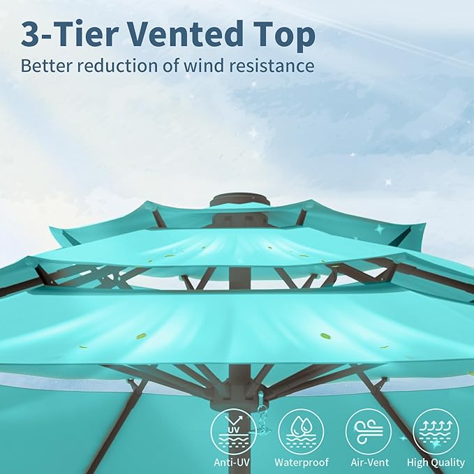 9FT 3 Tiers Patio Umbrella With Auto Tilt and Crank, Outdoor Table Market Umbrella with 8 Sturdy Ribs for Garden,Lawn,Deck,Backyard and Pool,Peacock Blue