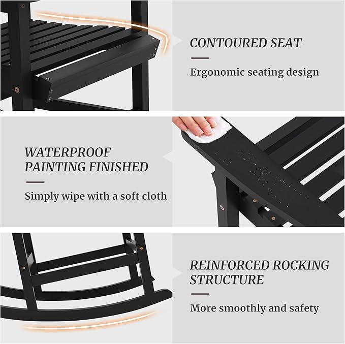 Outdoor Rocking Chairs Set of 2, Rocking Chair Outdoor All Weather Wooden Rockers, Heavy Duty 350lbs, High Back Wide Seat Patio Chairs for Porch, Backyard, Garden, Black