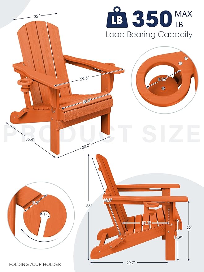 KINGYES Folding Adirondack Chair Set of 6, Dual Cup Holders & All-Weather HDPE, Wood-Like Patio Chair for Backyard, Camping, Pool & Fire Pit, Orange