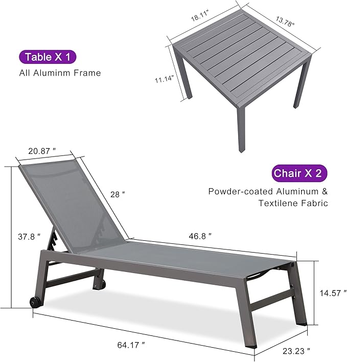 PURPLE LEAF Outdoor Lounge Chair Set for 2 Aluminum Patio Chaise Lounger with Easy-to-Move Wheels and Adjustable Backrest Pool Reclining Lounge Chairs for Beach Yard Poolside Table Included, Grey
