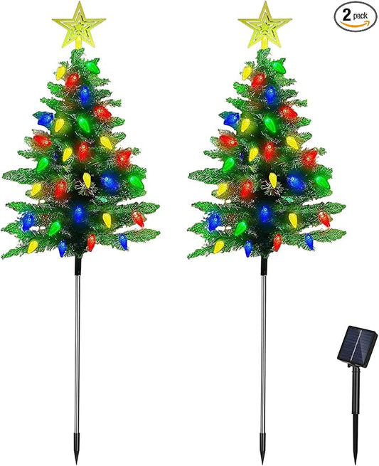 2-Pack Solar Christmas Tree, IP44 Waterproof Colorful Garden Stake Lights Christmas Decorations with 8 Lighting Modes 100 LED Beads for Porch, Pathway, Yard, Cemetery