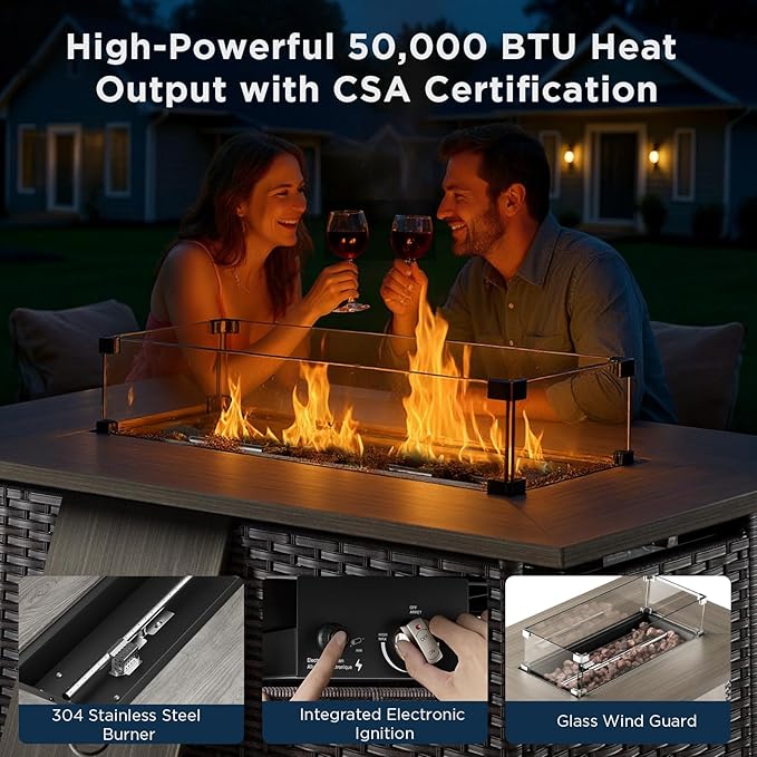 10 Pieces Patio Furniture Set with 42.5" Fire Pit Table-All Weather Wicker Outdoor Furniture with High Back Swivel Patio Chairs Set of 2 Outdoor Couch for Deck Balcony Backyard Brown/Blue