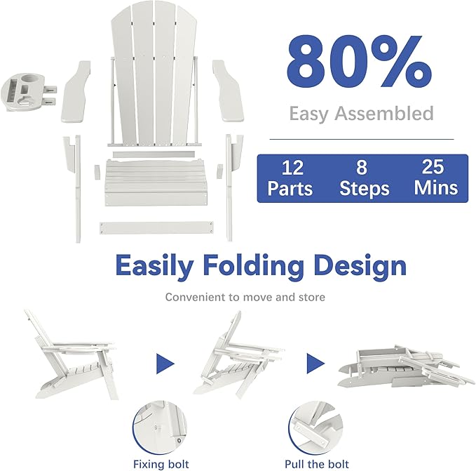 FOOWIN Folding Adjustable Adirondack Chair Set of 4,HDPE Adirondack Chair w/4 in 1 Cup Holder Trays,All-Weather Resistant Fire Pit Chair, Outdoor Chair for Patio Lawn Poolside,400lbs,White