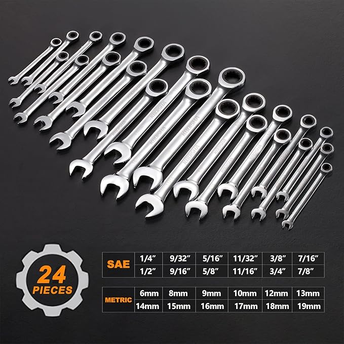 kboisha 24-Piece Ratchet Wrench Set, 72-Tooth Ratcheting Combination Wrench Set with Metric & SAE 8-19mm and 1/4" to 3/8" CR-V Standard Wrench Set with Organizer Box