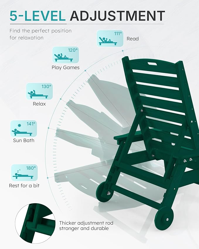 Chaise Lounge Chair Outdoor with Wheels, Oversize Patio Lounge Chairs with Wood Texture, 5-Position Plastic Lounge Chairs for Poolside, Patio, Deck, Beach(Green)