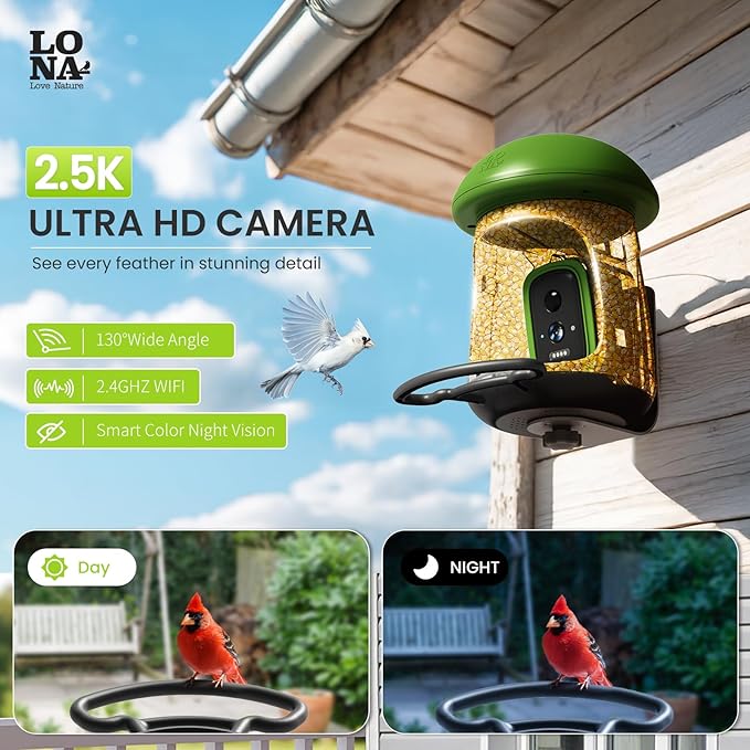 LONA Smart Bird Feeder with Camera, Dual-Lens, Solar-Powered, Wireless Birdwatching, Permanent AI Identify 10000+ Bird Species & Motion Detection, Gift Present