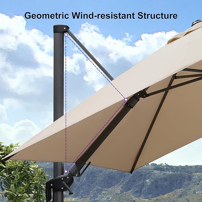 PURPLE LEAF 8' X 8' Tilting Patio Umbrella with Base Outdoor Cantilever Swivel Square Umbrella with Tilt Aluminum Offset Umbrella with 360-degree Rotation for Garden Deck Pool Patio Beige