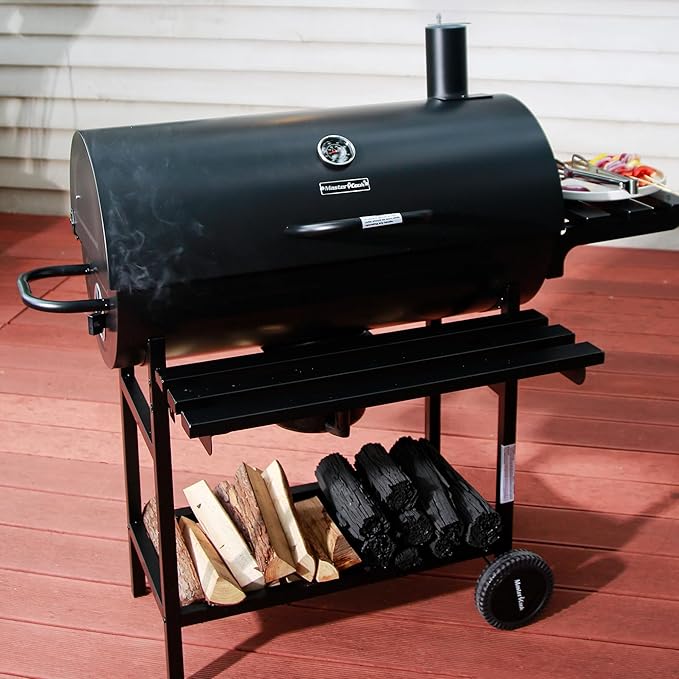 MASTER COOK Barrel Charcoal Grill with Foldable Front Shelf, Outdoor bbq Grill with 686 Sq.in. Cooking Area, Thermometer and Adjustable Air Vents for Patio, Parties,Backyard, Tailgating, Black
