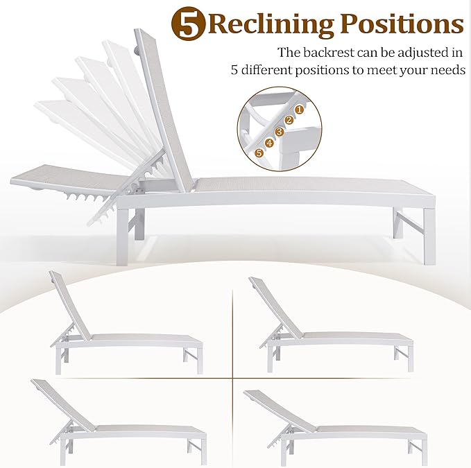 Chaise Lounge Chair, Set of 8 Outdoor Recliner Lounge Chair Sun Loungers, All Weather Chaise with 5 Adjustable Backrest and Lay Flat Positions for Garden, Balcony, Pool, White and Beige