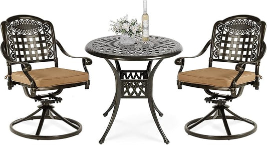 VIVIJASON 3-Piece Patio Bistro Set, Outdoor All-Weather Cast Aluminum Furniture Dining Set, Include 2 Swivel Chairs and 31" Round Table w/Umbrella Hole for Balcony, Lawn, Garden, Antique Bronze
