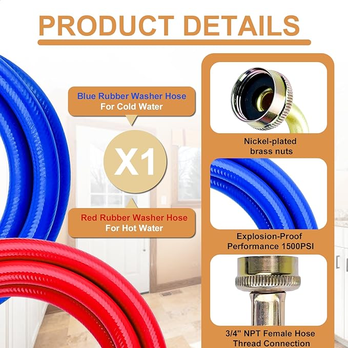 Cenipar 6 Feet Rubber Washing Machine Hoses with 90 Degree Elbows Burst Proof (Pack of 2) For Hot and Cold Water 3/4" NPT Connection Water Supply Lines for All Washing Machine