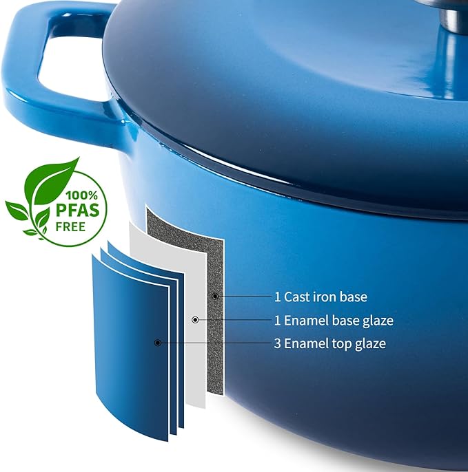 Enamel Cast Iron Dutch Oven with Lid,Dual Handles,Heavy-Duty Cookware for Sourdough Bread Baking,Braising,Stews,Roasting,Oven Safe up to 500° F,5.5QT,blue