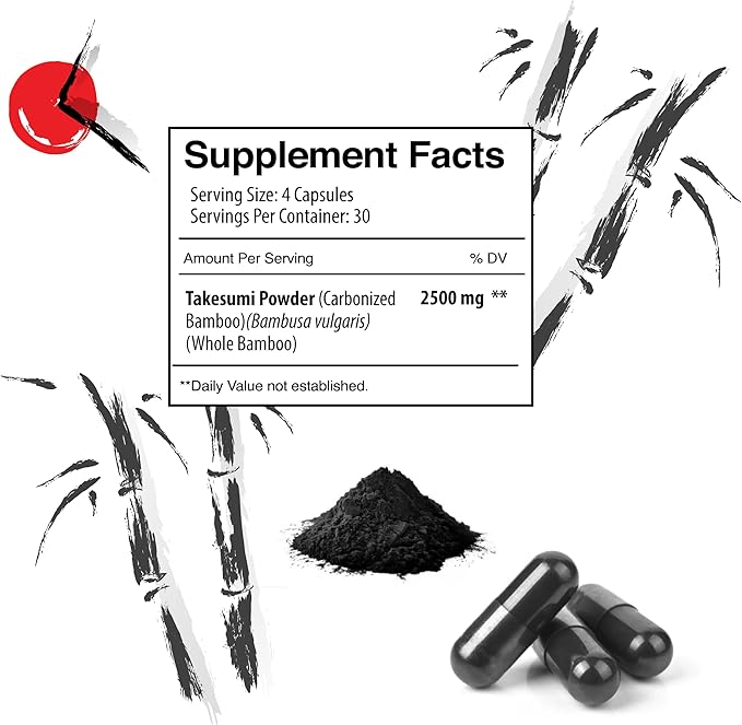 Takesumi Activated Charcoal - 2500mg Max Dose – Supreme Pure Activated Charcoal from Bamboo for Max Absorption, Detox & Gut Nutrition, Japanese Takesumi Activated Charcoal - 120 Vegetarian Capsules