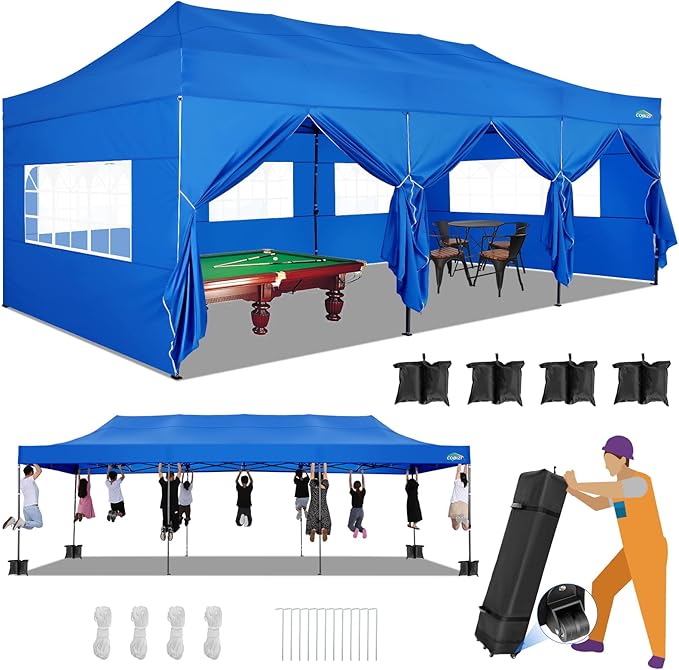 COBIZI 10x30 Heavy Duty Pop up Canopy with 8 sidewalls Stable Wedding Outdoor Tents for Parties Canopy Pop Up Party Tent UPF 50+ Waterproof Commercial Gazebo with Roller Bag, Blue(Windproof Upgraded)