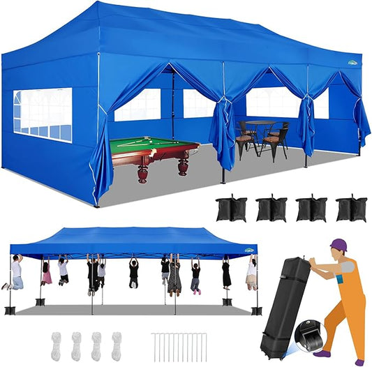 COBIZI 10x30 Heavy Duty Pop up Canopy with 8 sidewalls Stable Wedding Outdoor Tents for Parties Canopy Pop Up Party Tent UPF 50+ Waterproof Commercial Gazebo with Roller Bag, Blue(Windproof Upgraded)
