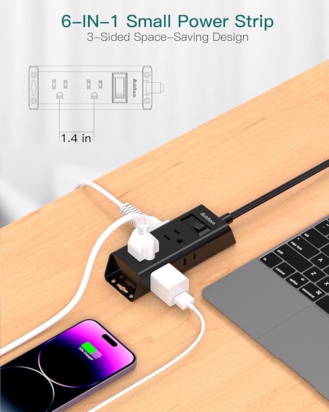 Flat Extension Cord 10 ft - Addtam Flat Plug Power Strip with 6 Outlets Extender, No Surge Protector for Cruise Ship, Dorm Room Travel Essentials, Black
