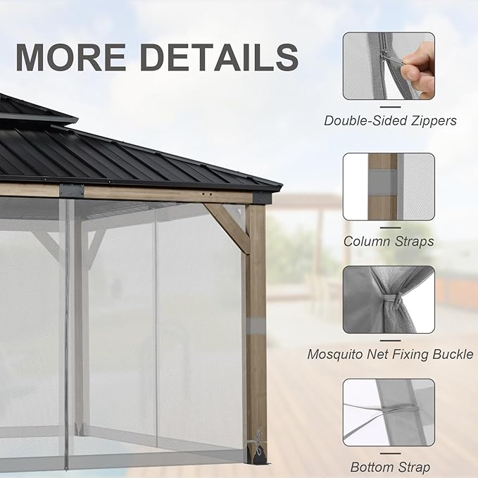 BPS 12' x 12' Gazebo Universal Mosquito Netting Screen Replacement, 4-Panel Screen Walls with Double Zippers for Outdoor Patio, Gray (Mosquito Net Only)