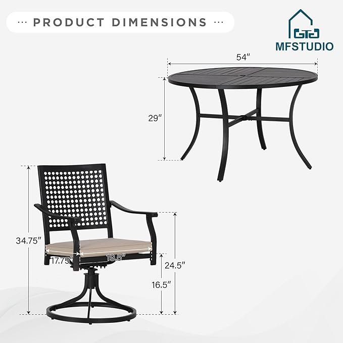 MFSTUDIO Round Patio Dining Set for 6, Outdoor Furniture Set with 54" Round Table and 6 Swivel Chairs Set for Deck, Backyard, Lawn, Garden