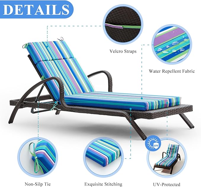 FILUXE Chaise Lounge Cushions Outdoor Furniture, High-Density Foam Chair Cushion with Ties, Weather & Fade Resistant - Patio Recliner Chairs Cushions for Lawn, Pool & Beach 80x26x3 Inch, Stripe Blue