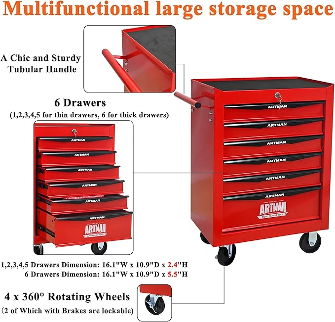 6 Drawers Rolling Tool Box on Wheels, Multifunctional Tool Cart, Drawers Rolling Trolley Organizer Tool Storage Chest for Warehouse,Garage,Workshop,Repair Shop (6 Drawers-30.5" H)