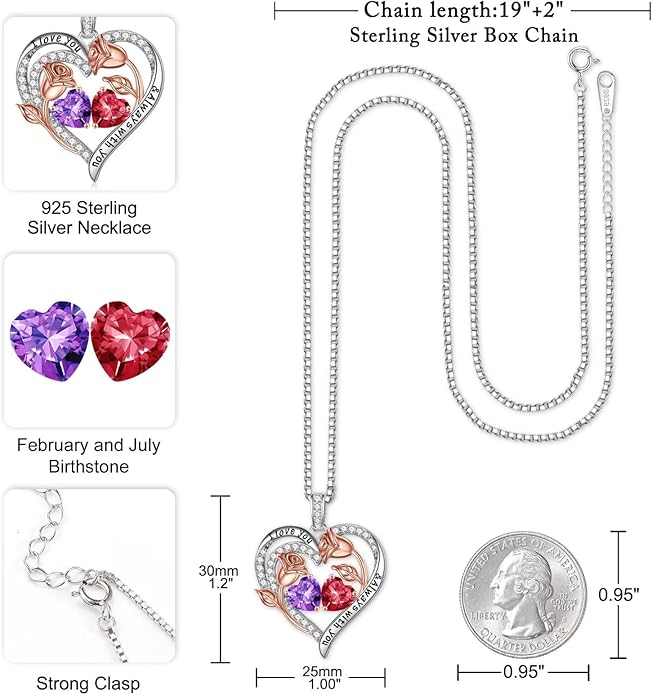 Iefil Christmas Gifts for Women Wife - 925 Sterling Silver Rose Heart Birthstone Necklace Birthday Anniversary Jewelry Gifts for Her Wife Mom Daughter