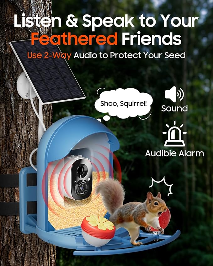Bird Feeder with Camera, Smart Birdfeeder with Cam Solar Powered, 2K HD Video, AI Identification, Instant Arrival Alerts, IP66 Bird Bath & Feeder,Gift for BirdLover (with Stand, Blue)