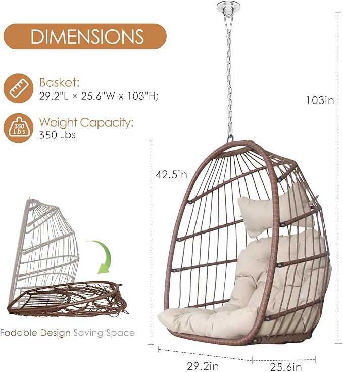 Nicesoul Outdoor Hanging Egg Chair Without Stand, Patio Wicker Swing Egg Basket Chairs with Padded Cushions, 350 Lbs Ceiling Tree Swinging Egg-Shaped Chair No Stand for Indoor Bedroom Porch, Brown
