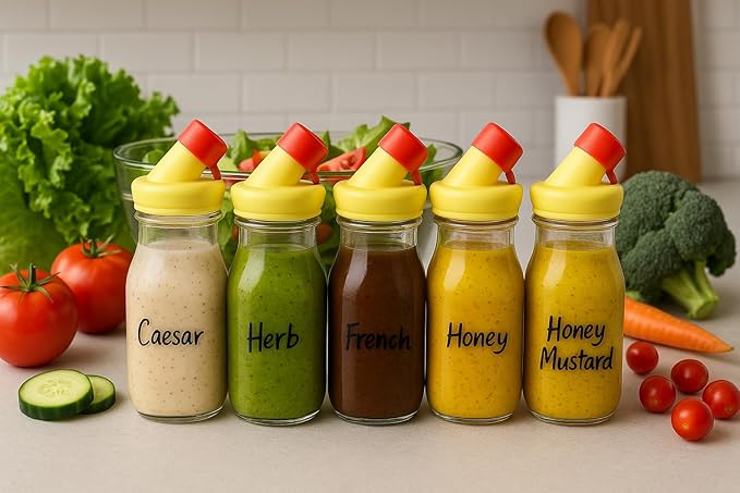 kitchentoolz Salad Dressing Shaker Bottle – 12oz Glass Bottle with Silicone Pour Spout and Tamper-Proof Lid for Sauces and Marinades - Salad Dressing Dispenser Container