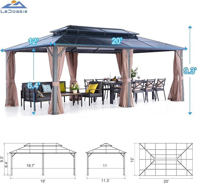 LeDoasis Nebula 12'x20' Outdoor Hardtop Gazebo, Permanent Aluminum Patio Gazebo, Polycarbonate Double Roof Canopy, Breathable Netting & Privacy Curtain Included，for Patio Lawn and Garden,Parties