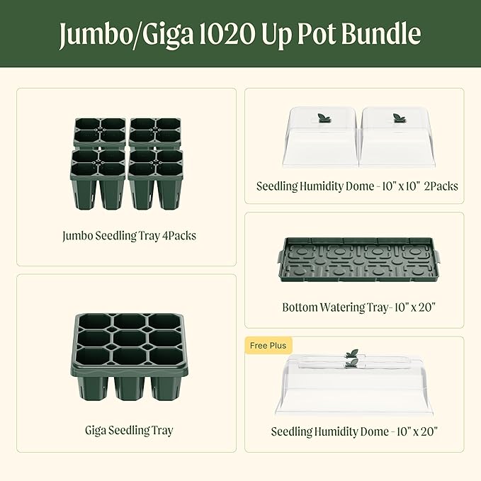 Vego garden Germination Bundle,4 Pack Jumbo and1 Pack Giga Seedling Trays with Seedling Tray Lids and 10" x 20" Seedling Humidily Dome