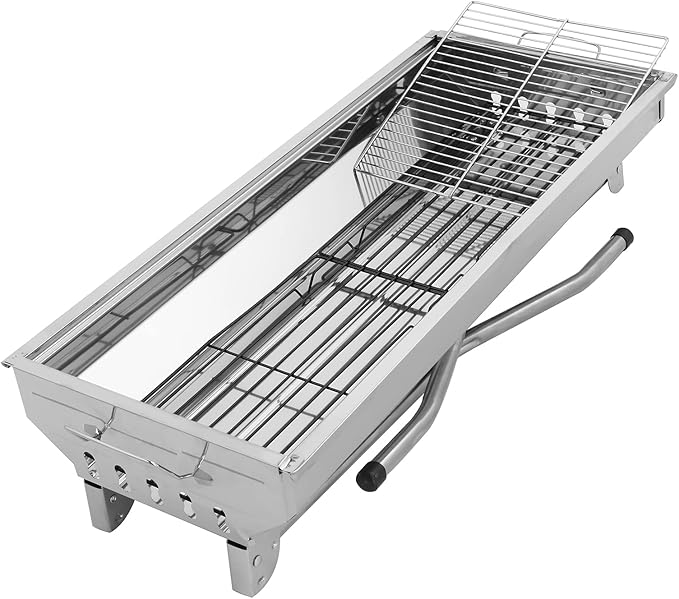 Stainless Steel Folding Kebab Grill, Foldable Barbecue Charcoal Grill With Baking Tray & Storage Shelf, Perfect for Camping, Picnic, Backyard Grilling, Tailgating (39x12x28 in)