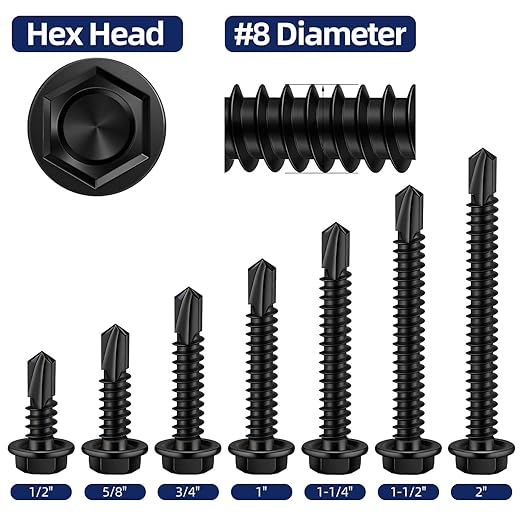 MewuDecor #8 x 3/4" Hex Washer Head Self Tapping Sheet Metal Screws with Drill Point, Stainless Steel 410, Self Drilling, Black Oxide, 100 PCS