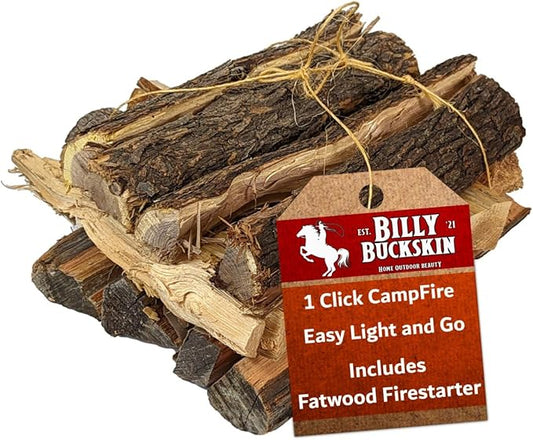 Billy Buckskin 1 Click Fire 19 LB Firewood Bundle – Juniper, Pinion & Mesquite & Fatwood Sticks - Split, Seasoned Firewood Logs for Fire Pit, Campfire, Fireplace, Wood Stoves and Outdoor Grilling